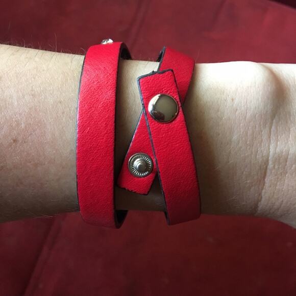 BOUTIQUE • Red Rhinestone Jeweled Wrap Statement Bracelet - Picture 3 of 3